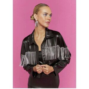Forever 21 Faux Leather Rhinestone Fringe Cropped Jacket Black Size Small